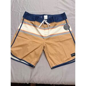 NWT Ezekiel Mens Board Shorts Tan Navy Blue Striped 2-Way Stretch Trunks Sz 36